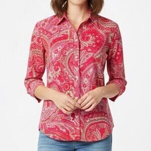 Lauren Pink Cotton Paisley Lightweight Button Down Blouse Shirt Medium